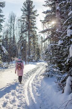 A girl in a red jacket walks through a snow-covered forest on a winter day. Rear view. A man on the background of a beautiful winter nature