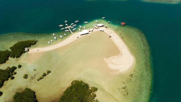 Luli island and sandy beach with tourists, sand bar surrounded by coral reef and blue sea in the honda bay, aerial drone. Tropical island and coral reef. Summer and travel vacation concept, Philippines, Palawan