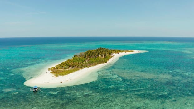 Tropical island Canimeran with sandy beach in the blue sea with coral reef, top view. Summer and travel vacation concept. Balabac, Palawan, Philippines.