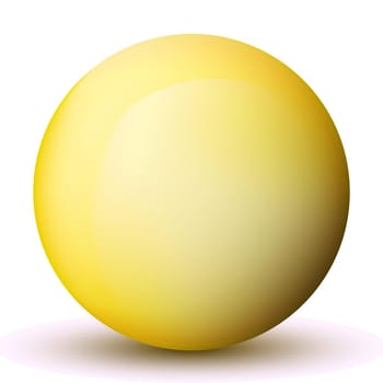 Glass yellow ball or precious pearl. Glossy realistic ball, 3D abstract vector illustration highlighted on a white background. Big metal bubble with shadow.