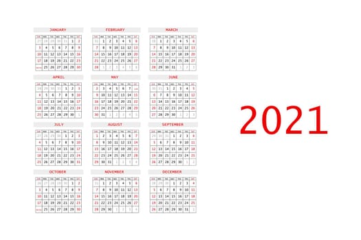 2021 calendar planner. Corporate week. Template layout, 12 months yearly, white background. Simple design for business brochure, flyer, print media, advertisement. Week starts from Sunday. A4 size