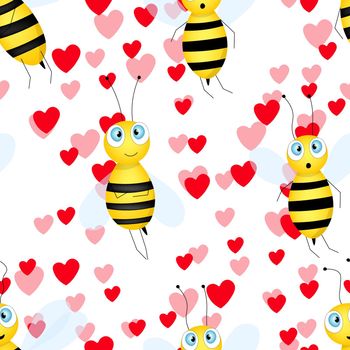 Seamless pattern with bees and hearts on white background. Small wasp. Vector illustration. Adorable cartoon character. Template design for invitation, cards, textile, fabric. Doodle style
