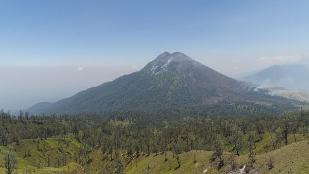 mountain landscape slopes mountains covered with green tropical forest. Java, Indonesia. aerial view mountain forest with large trees and green grass.