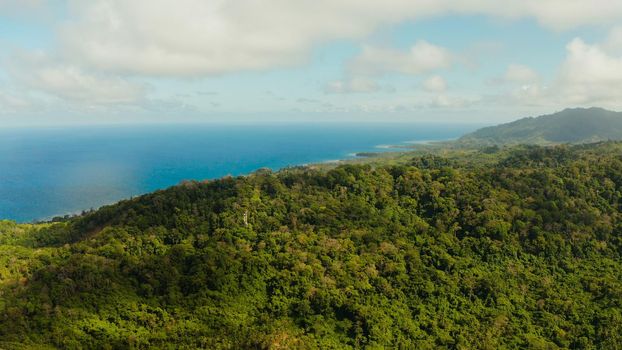 Coastline of tropical island Balabac covered with green rain forest against the blue sky with clouds and blue sea, aerial view. Seascape: Ocean and sky. Palawan, Philippines