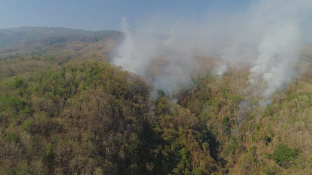 aerial view forest fire smoke on the slopes hills. wild fire in tropical forest, Indonesia. natural disaster fire in Southeast Asia
