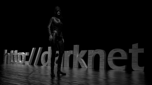 Darknet text word on dark background and a woman in black 3d rendering