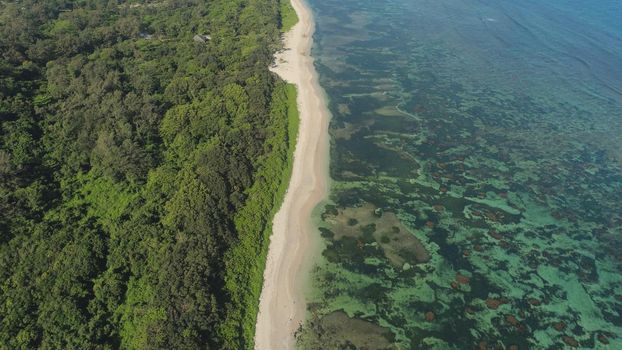Aerial view of seashore with beach, lagoons and coral reefs. Philippines, Luzon. Ocean coastline with turquoise water. Tropical landscape in Asia.