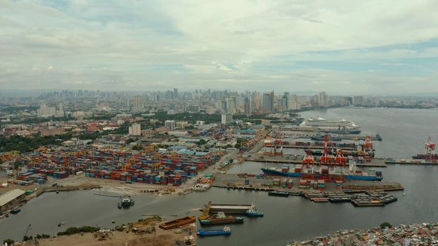 Cityscape of the capital of the Philippines Manila with the port and business centers, skyscrapers. Travel vacation concept
