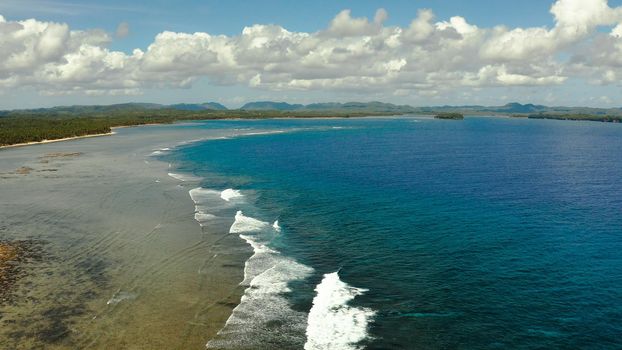 Tropical island with forest and ocean with surf and coral reef top view. Summer and travel vacation concept
