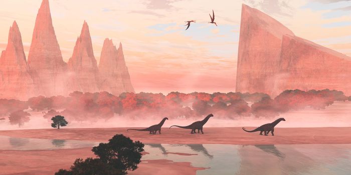 Anhanguera Pterosaurs fly over Alamosaurus sauropod dinosaurs walking along the banks of a river during the Cretaceous Period.