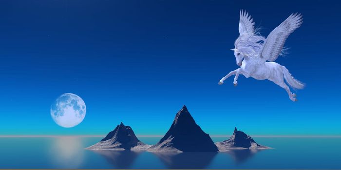 A beautiful white Pegasus flies over the calm waters of the ocean as a full moon reflects on the water.