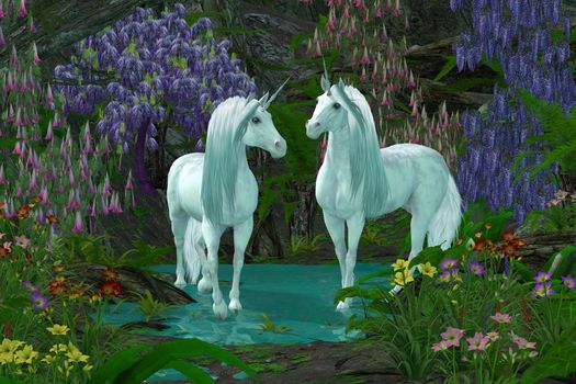 A mare and stallion white unicorns meet in a shallow stream surrounded by forest flowers.