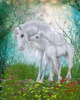 A Unicorn foal nuzzles its mother for reassurance in the magical forest full of flowers and a cherry tree.