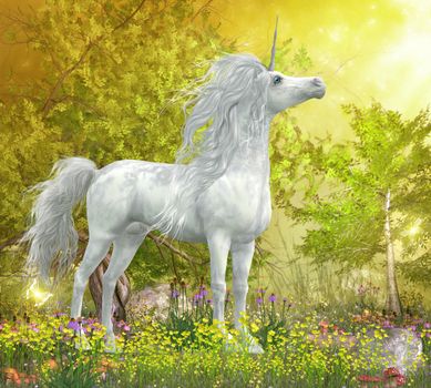 A white Unicorn stallion stands in a meadow full of yellow flowers, Coneflowers and mushrooms.