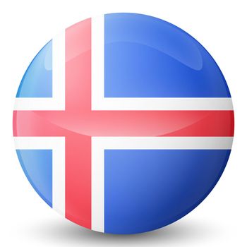 Glass light ball with flag of Iceland. Round sphere, template icon. Icelandic National symbol. Glossy realistic ball, 3D abstract vector illustration highlighted on a white background. Big bubble.