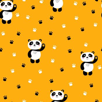 Seamless pattern with cute panda baby on color background. Funny asian animals. Card, postcards for kids. Flat vector illustration for fabric, textile, wallpaper, poster, gift wrapping paper.