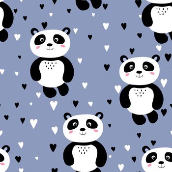 Seamless pattern with cute panda baby on color background. Funny asian animals. Card, postcards for kids. Flat vector illustration for fabric, textile, wallpaper, poster, gift wrapping paper