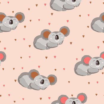 Seamless pattern with cute koala baby and hearts on color background. Funny australian animals. Card, postcards for kids. Flat vector illustration for fabric, textile, wallpaper, poster, paper.