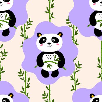 Seamless pattern with cute panda baby on color background. Funny asian animals. Card, postcards for kids. Flat vector illustration for fabric, textile, wallpaper, poster, gift wrapping paper