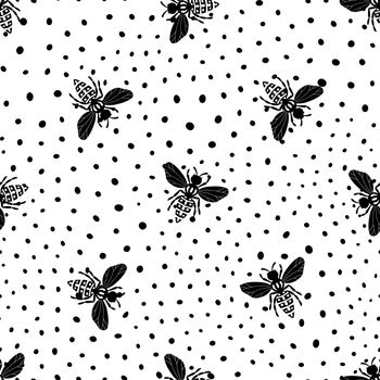 Seamless pattern with bees on polka dots background. Adorable cartoon wasp character. Template design for invitation, cards, textile, fabric. Flat style. Black and white vector stock illustration