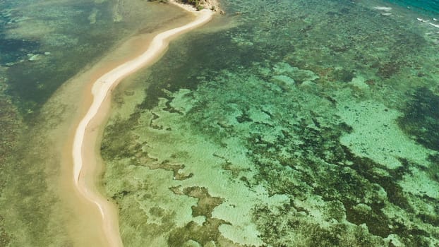 Aerial drone tropical island in blue lagoon with sand bar. Palawan, Philippines. tropical landscape with island and beache