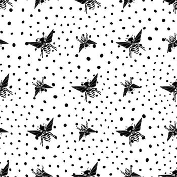 Seamless pattern with bees silhouette on white background. Adorable cartoon wasp character. Template design for invitation, cards, textile, fabric. Flat style. Vector stock illustration