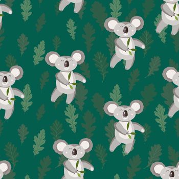 Seamless pattern with cute koala baby and leaves on color background. Funny australian animals. Card, postcards for kids. Flat vector illustration for fabric, textile, wallpaper, poster, paper