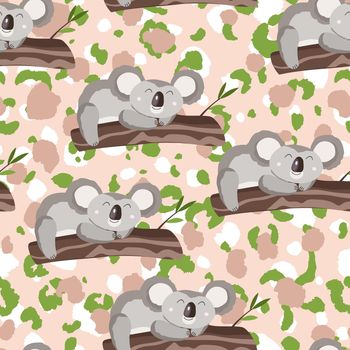 Seamless pattern with cute koala baby on colorful camouflage background. Funny australian animals. Card, postcards for kids. Flat vector illustration for fabric, textile, wallpaper, poster, print.