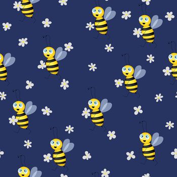 Seamless pattern with bees and flowers on blue background. Vector illustration. Adorable cartoon character. Template design for invitation, cards, textile, fabric. Flat style. Bee with rose.