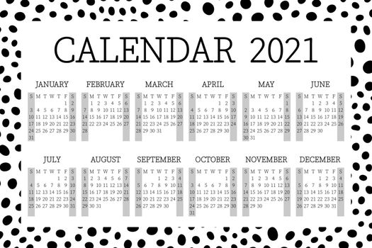 2021 calendar planner with border. Сorporate week. Template layout, 12 months yearly, white and black background. Simple design for business. Week starts from Sunday.