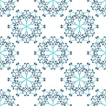 Winter seamless pattern with colorful gradient snowflakes on white background. Vector illustration for fabric, textile wallpaper, posters, gift wrapping paper. Christmas vector illustration