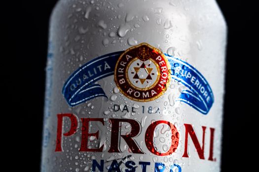 Detail of water droplets on Peroni Nastro Azzurro, a premium lager beer. Studio photo shoot in Bucharest, Romania, 2021