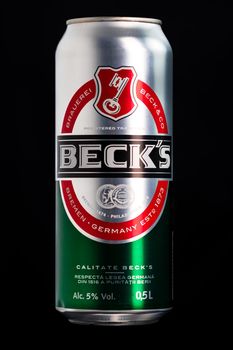 Beck`s beer can isolated on black background. Bucharest, Romania, 2020
