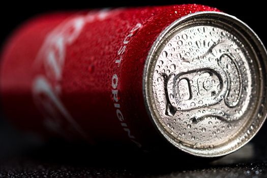 Water droplets on classic Coca-Cola can on black background. Studio shot in Bucharest, Romania, 2021