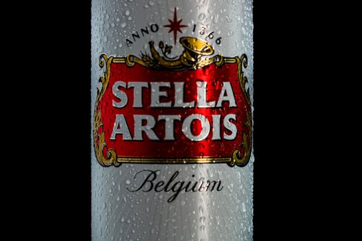 Condensation water droplets on Stella Artois beer can isolated on black. Bucharest, Romania, 2020