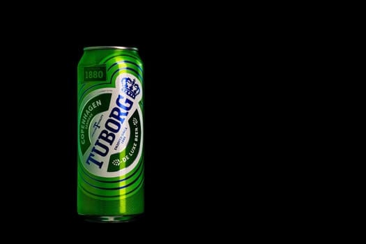 Tuborg beer can isolated on black background. Bucharest, Romania, 2020