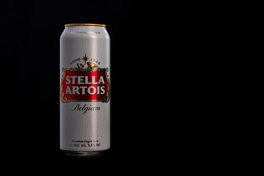 Stella Artois beer can isolated on black background. Bucharest, Romania, 2020