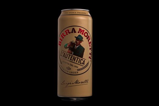 Birra Moretti, a premium lager beer produced by Italian brewing company now owned by Heineken International. Studio photo shoot in Bucharest, Romania, 2021