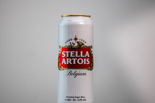 Great Belgium beer - Stella Artois. Belgium Premium Lager beer can. Studio photo shoot in Bucharest, Romania, 2020