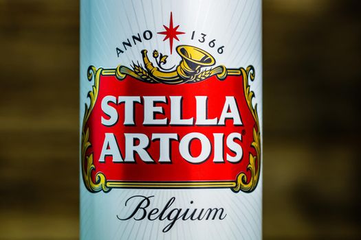 Great Belgium beer - Stella Artois. Belgium Premium Lager beer can. Studio photo shoot in Bucharest, Romania, 2020