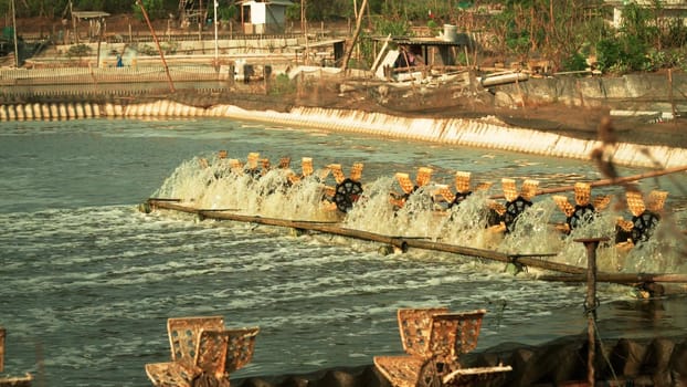 shrimp, prawn farming with with aerator pump for oxygenation water near ocean. Shrimp farms aquaculture business exported international market. java, indonesia
