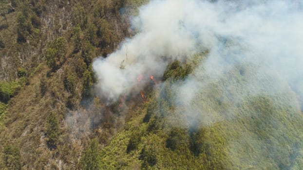 aerial view forest fire smoke on the slopes hills. fire in mountain forest. wild fire in tropical forest, Java Indonesia. natural disaster fire in Southeast Asia