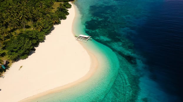 Tropical island on the attole, top view. White sandy beach with palm trees. Mahaba Island, Philippines. advertising concept