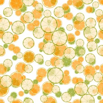 Summer illustration with oranges and limes. Seamlees pattern with colorful fruits on white background. Food concept. Template design for invitation, poster, card, fabric, textile