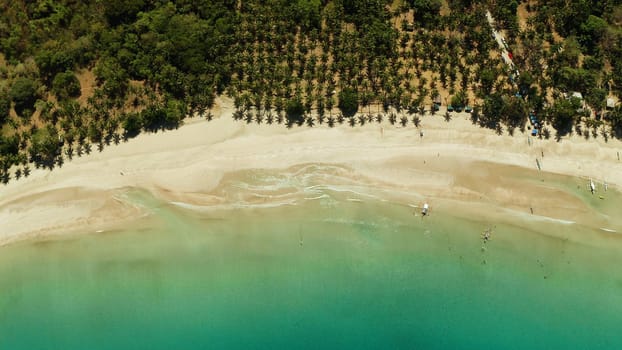 Beautiful tropical beach in cove with blue lagoon and turquoise water. Seascape with sea, sand, palm trees. Nagtabon, Palawan, Philippines. Summer and travel vacation concept