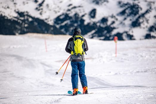 El Tarter, Andorra : 2021 Febraury 2 : Skiier in the Grandvalira ski resort in Andorra in 2021