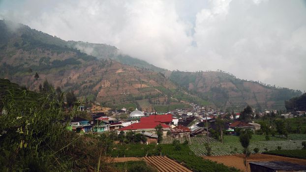 asian town with mosque in mountains among agricultural land, rice terraces. mountains with farmlands, rice fields, village, fields with crops, trees. farm lands on mountainside. tropical landscape Java Indonesia.