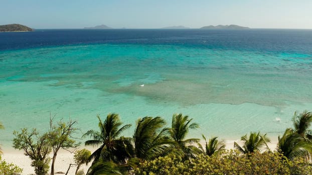 aerial view beach with tourists on tropical island, palm trees and clear blue water. Malcapuya, Philippines, Palawan. Tropical landscape with blue lagoon