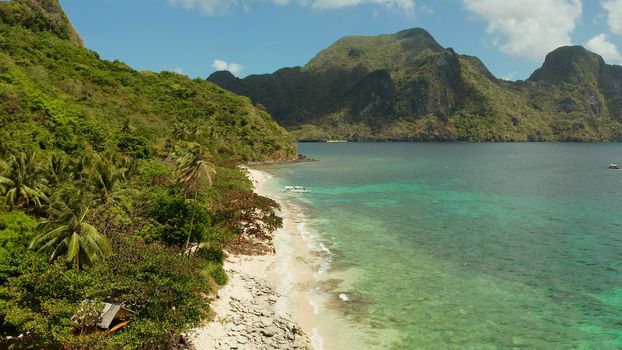 Tropical island with sandy beach, green foliage and palm trees. Lagoon with azure and clear water. Helicopter Island in El Nido, Palawan Philippines. Summer and travel vacation concept