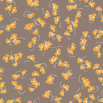 Trendy seamless floral pattern with ornament. Colorful flowers on beige background. Simple minimalistic pattern with nature elements. Vector illustration for fabric, textile, poster, invitation